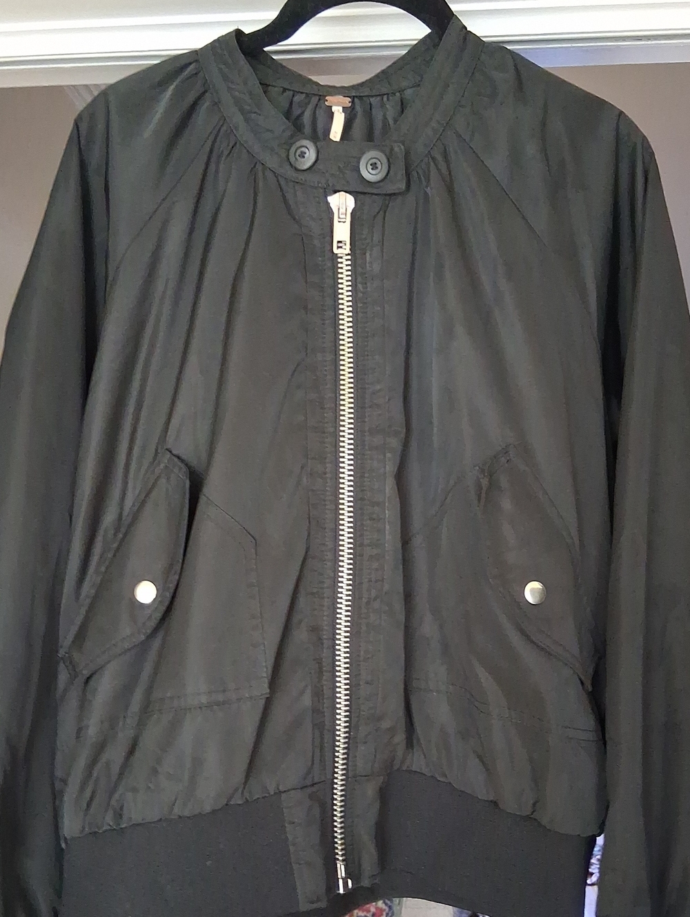 Free People Black Bomber Jacket with Snap Pockets
